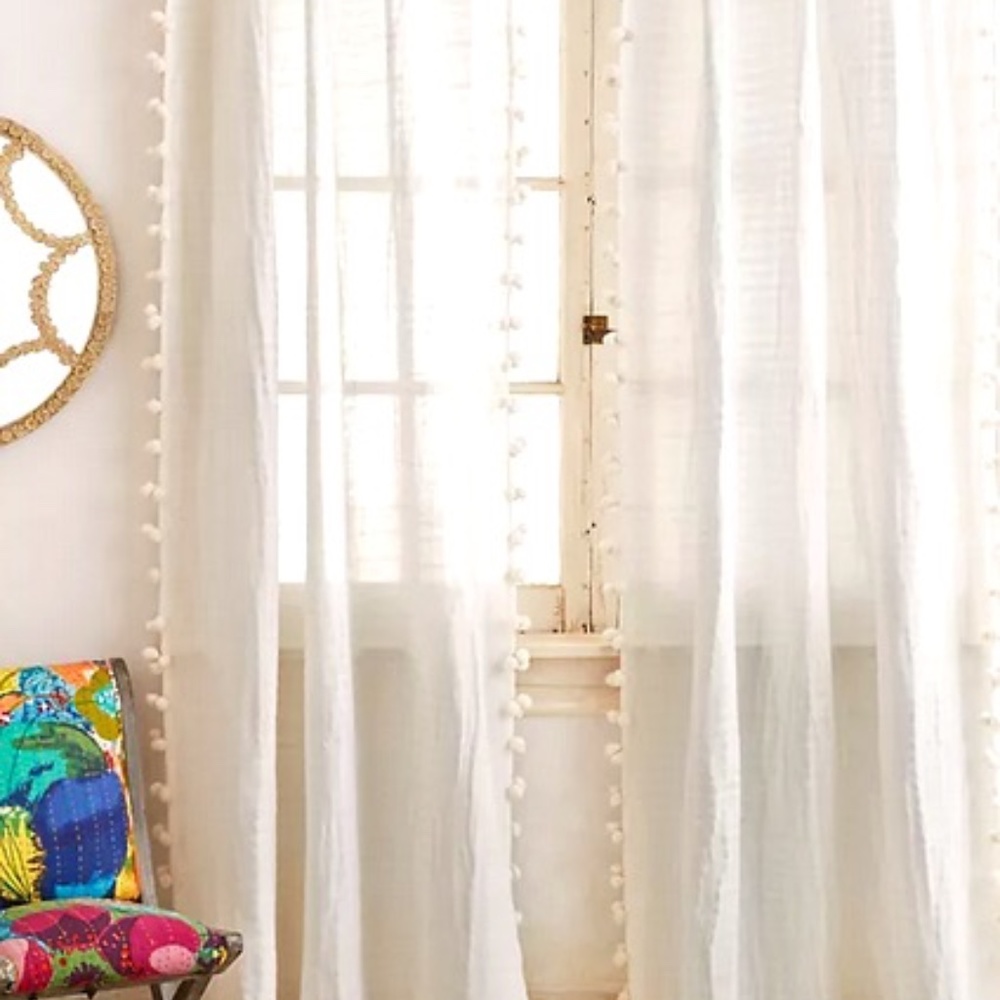 2 NEW ANTHROPOLOGIE POM TASSEL CURTAINS -CREAM (84" X 50")